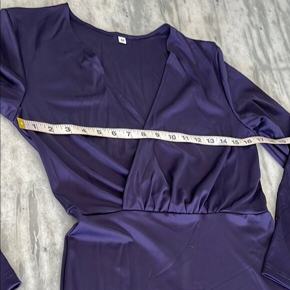 Navy Blue Purple Long Sleeve Gown with Cross V-Neck Extra Long Slit Bodycon - Picture 10 of 12